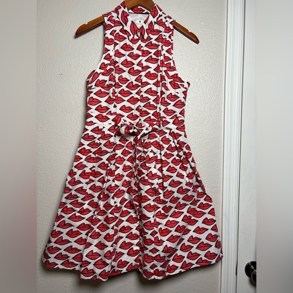 Anthropologie Red Smooch Dress. All Over Red Lip Design. Button Front. Pockets. - Picture 9 of 16